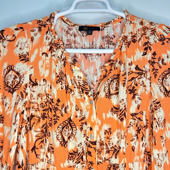 Frye Ruffle Neck Button Front Orange Floral Long Sleeve Mini Dress Size M - Picture 3 of 9